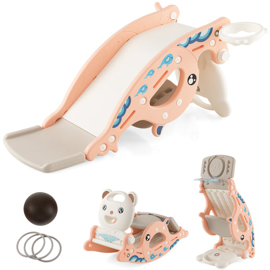 4-in-1 Kids Slide Rocking Horse with Basketball and Ring Toss-Pink Kids Crystal