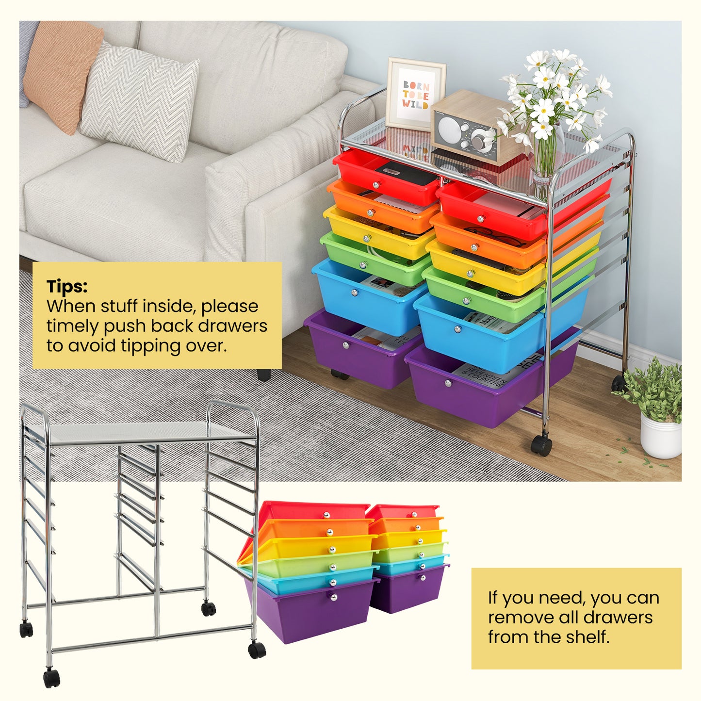 12 Drawers Rolling Cart Storage Scrapbook Paper Organizer Bins-Deep Multicolor Kids Crystal