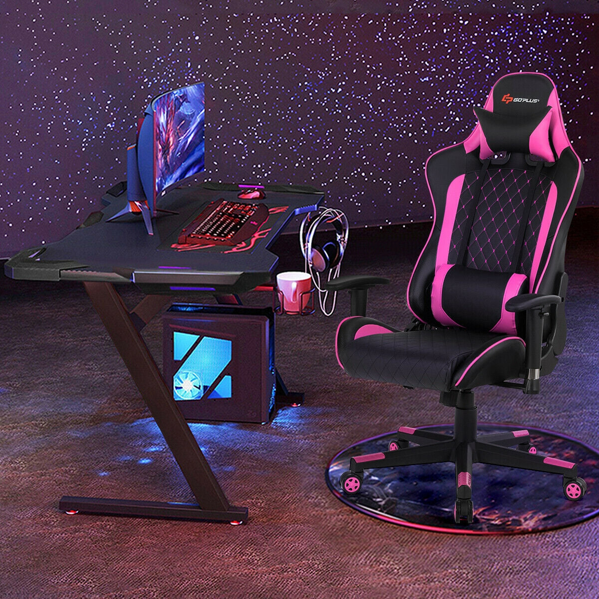 Massage Gaming Chair with Lumbar Support and Headrest-Pink Kids Crystal