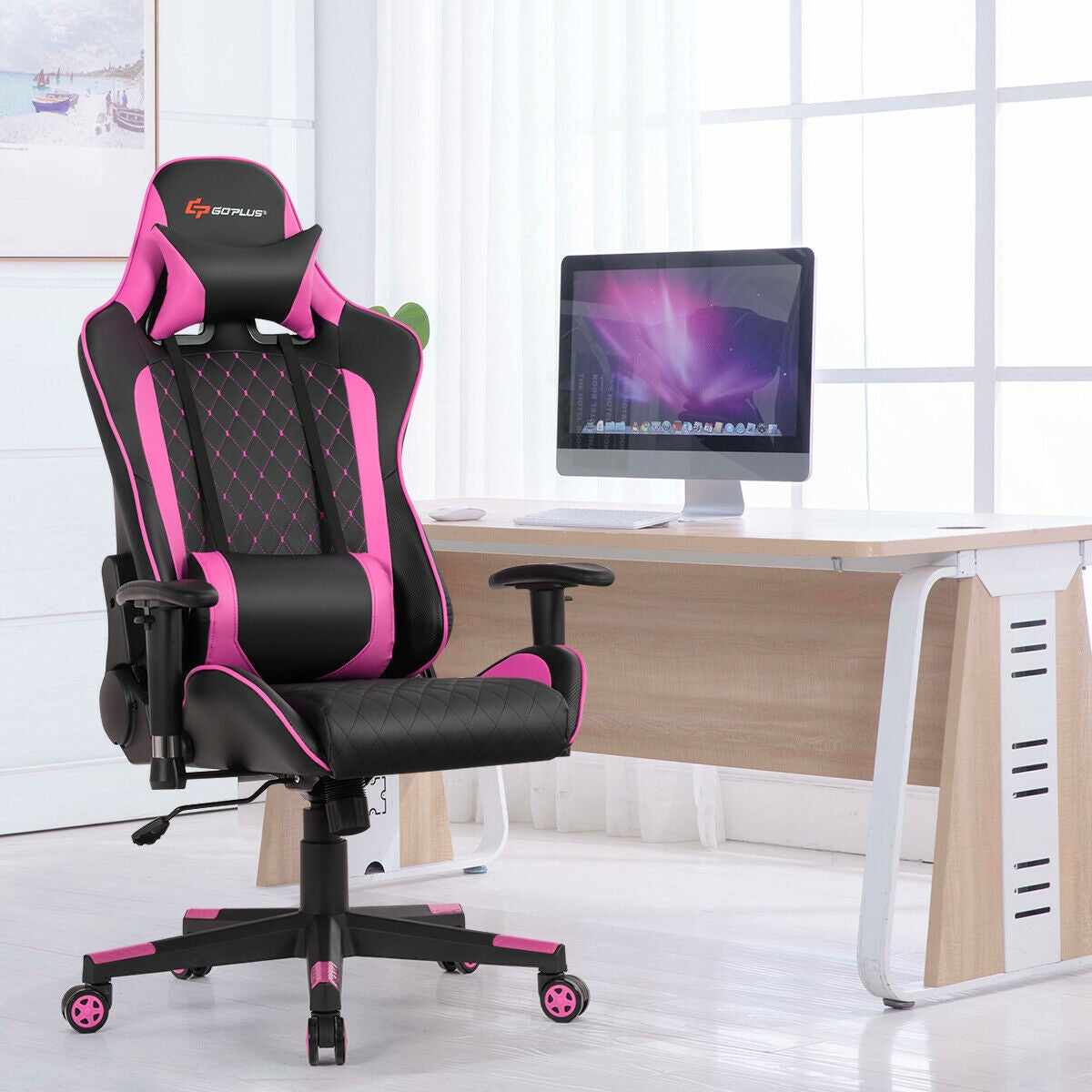 Massage Gaming Chair with Lumbar Support and Headrest-Pink Kids Crystal