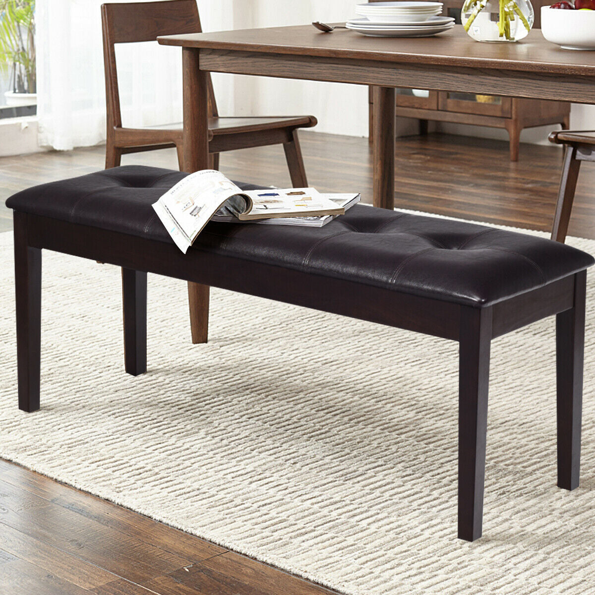 Upholstered Dining Room PU Bench Solid Wood Button Tufted-Brown Kids Crystal