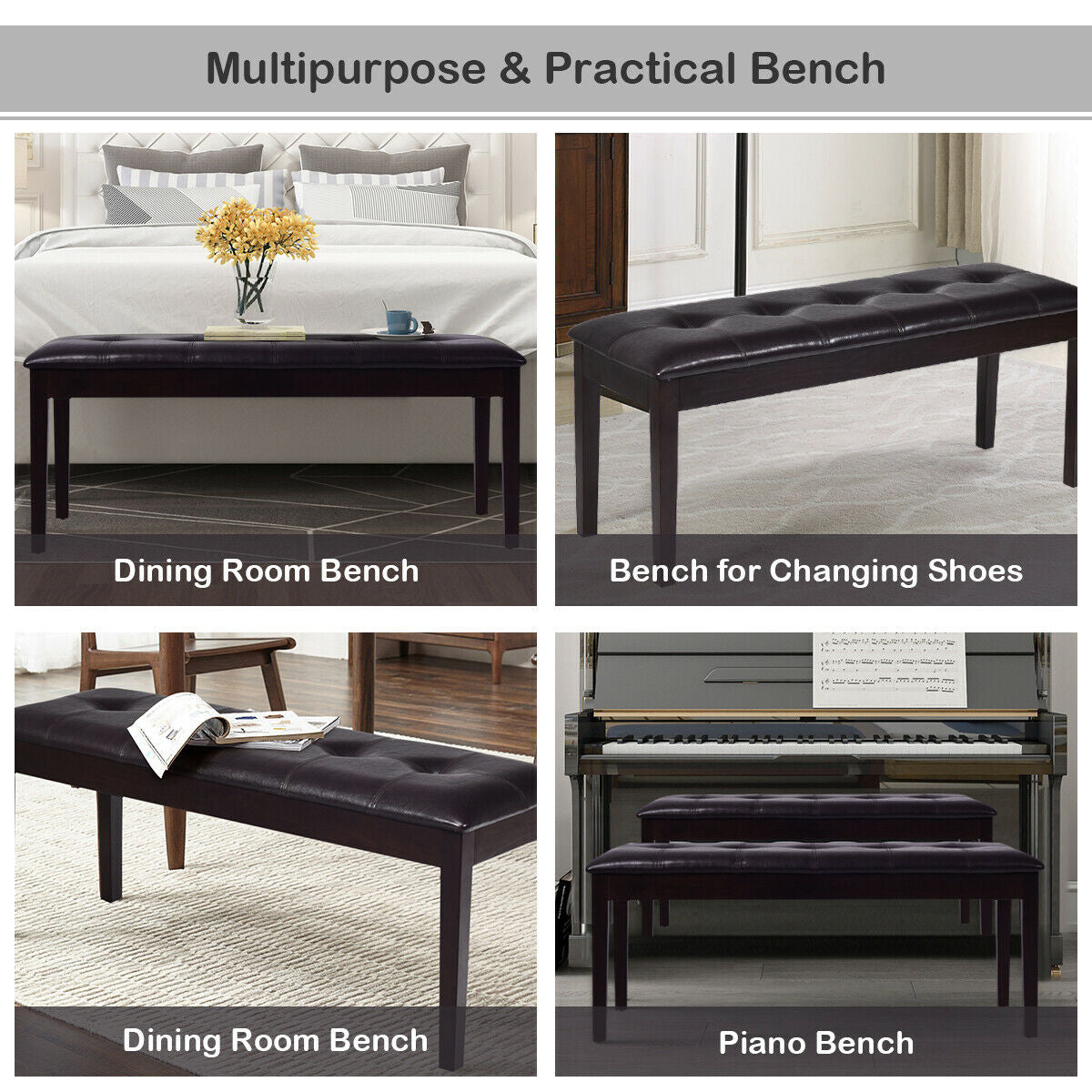 Upholstered Dining Room PU Bench Solid Wood Button Tufted-Brown Kids Crystal
