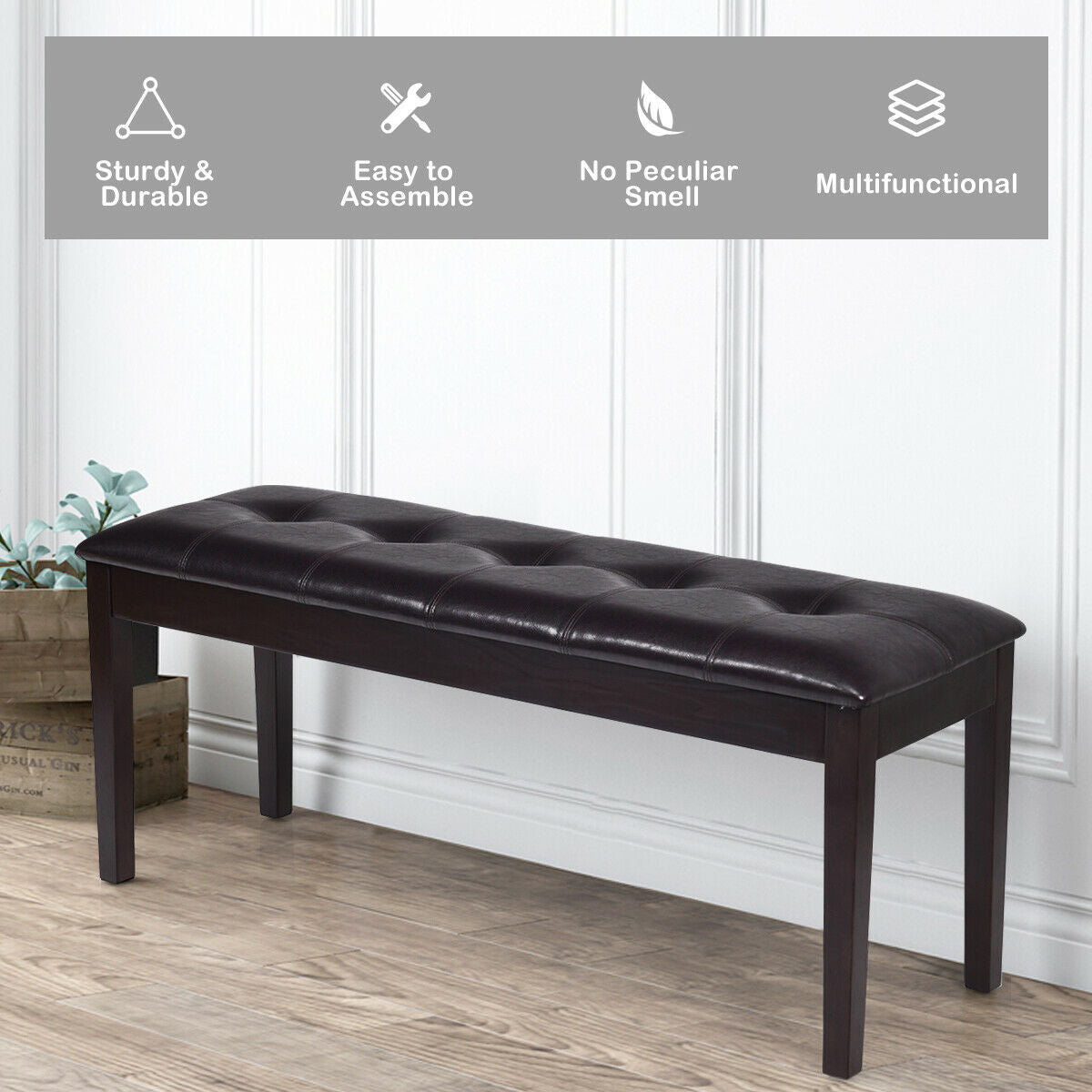 Upholstered Dining Room PU Bench Solid Wood Button Tufted-Brown Kids Crystal