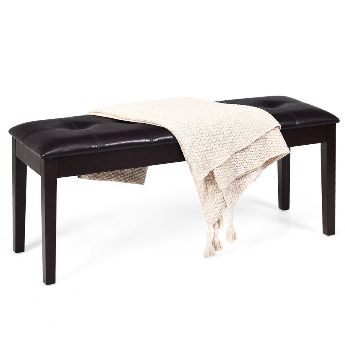 Upholstered Dining Room PU Bench Solid Wood Button Tufted-Brown Kids Crystal