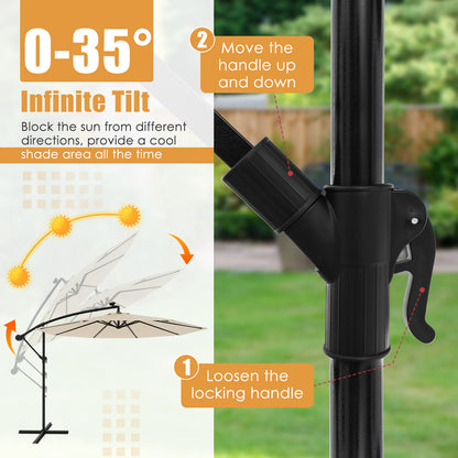 10 Feet Solar Offset Hanging Umbrella with 40 Lamp Beads and Solar Panel-Beige