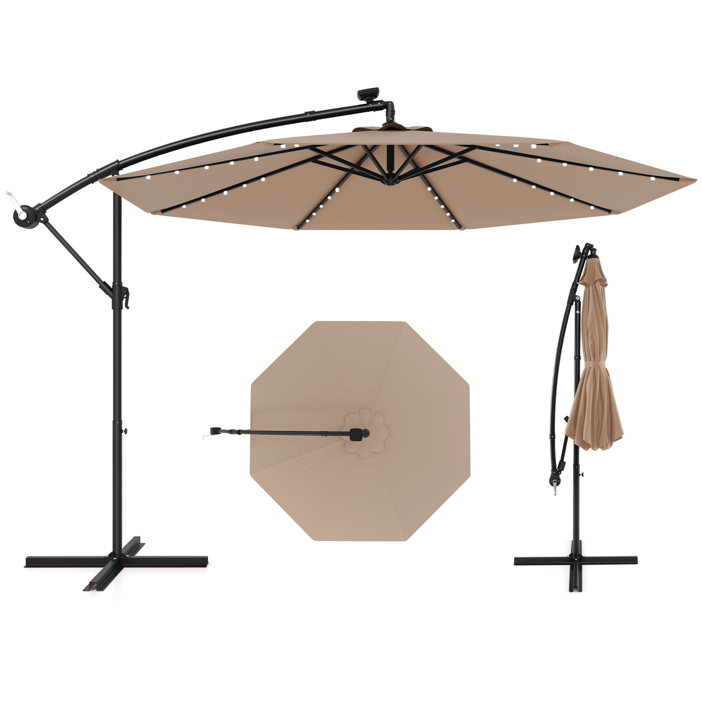 10 Feet Solar Offset Hanging Umbrella with 40 Lamp Beads and Solar Panel-Tan Kids Crystal