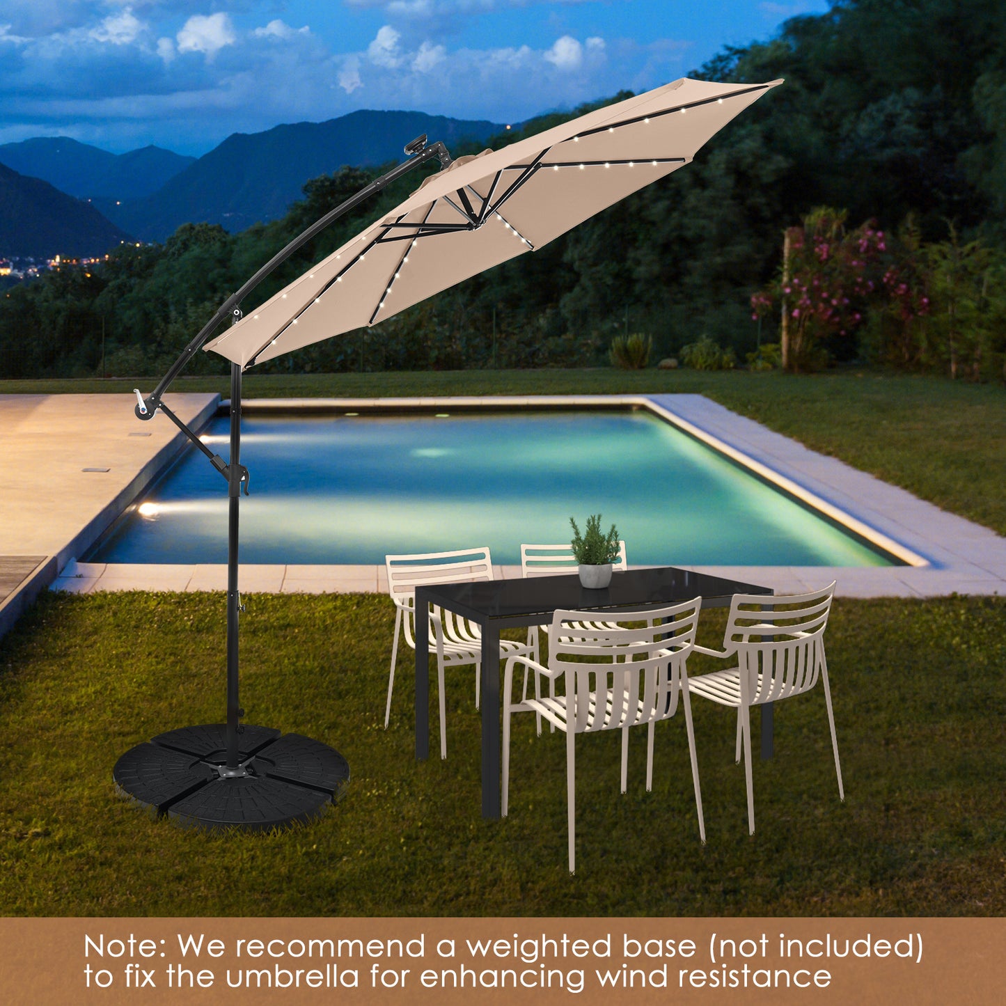 10 Feet Solar Offset Hanging Umbrella with 40 Lamp Beads and Solar Panel-Tan Kids Crystal
