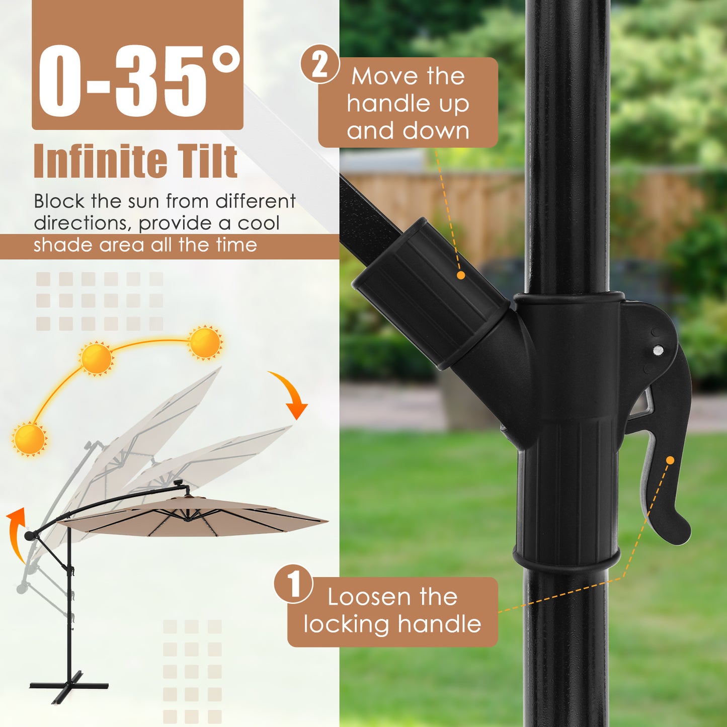 10 Feet Solar Offset Hanging Umbrella with 40 Lamp Beads and Solar Panel-Tan Kids Crystal