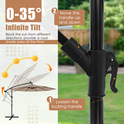 10 Feet Solar Offset Hanging Umbrella with 40 Lamp Beads and Solar Panel-Tan
