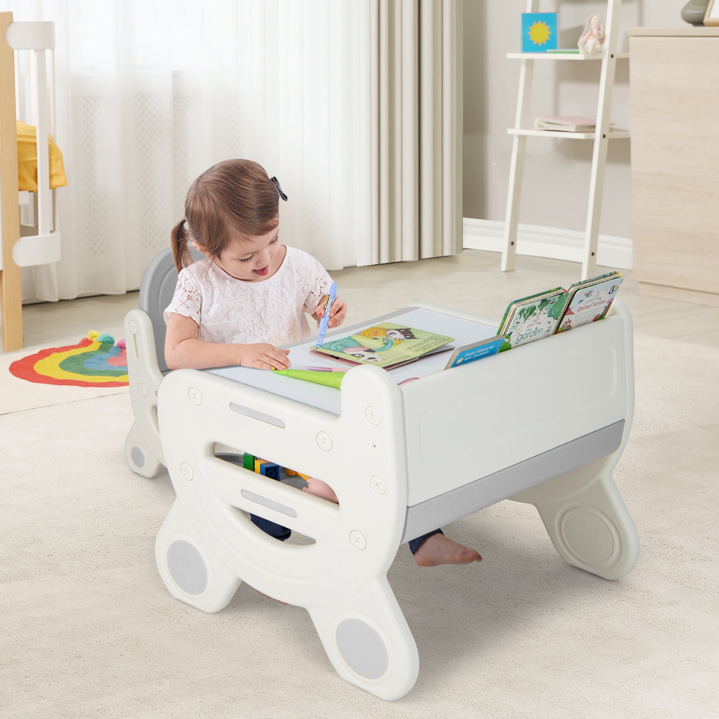 Kids Drawing Table and Chair Set with Watercolor Pens and Blackboard Eraser-Gray Kids Crystal