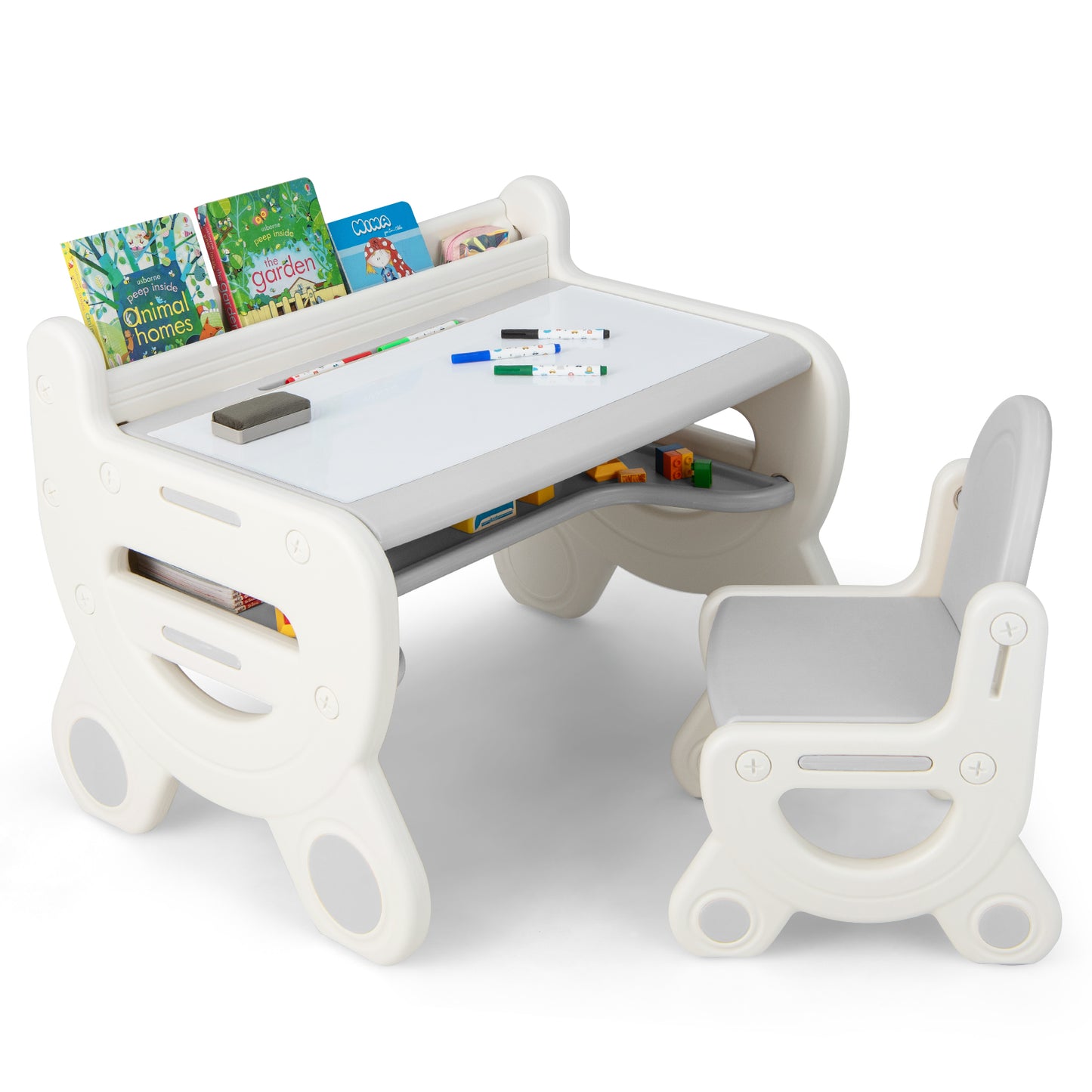 Kids Drawing Table and Chair Set with Watercolor Pens and Blackboard Eraser-Gray Kids Crystal