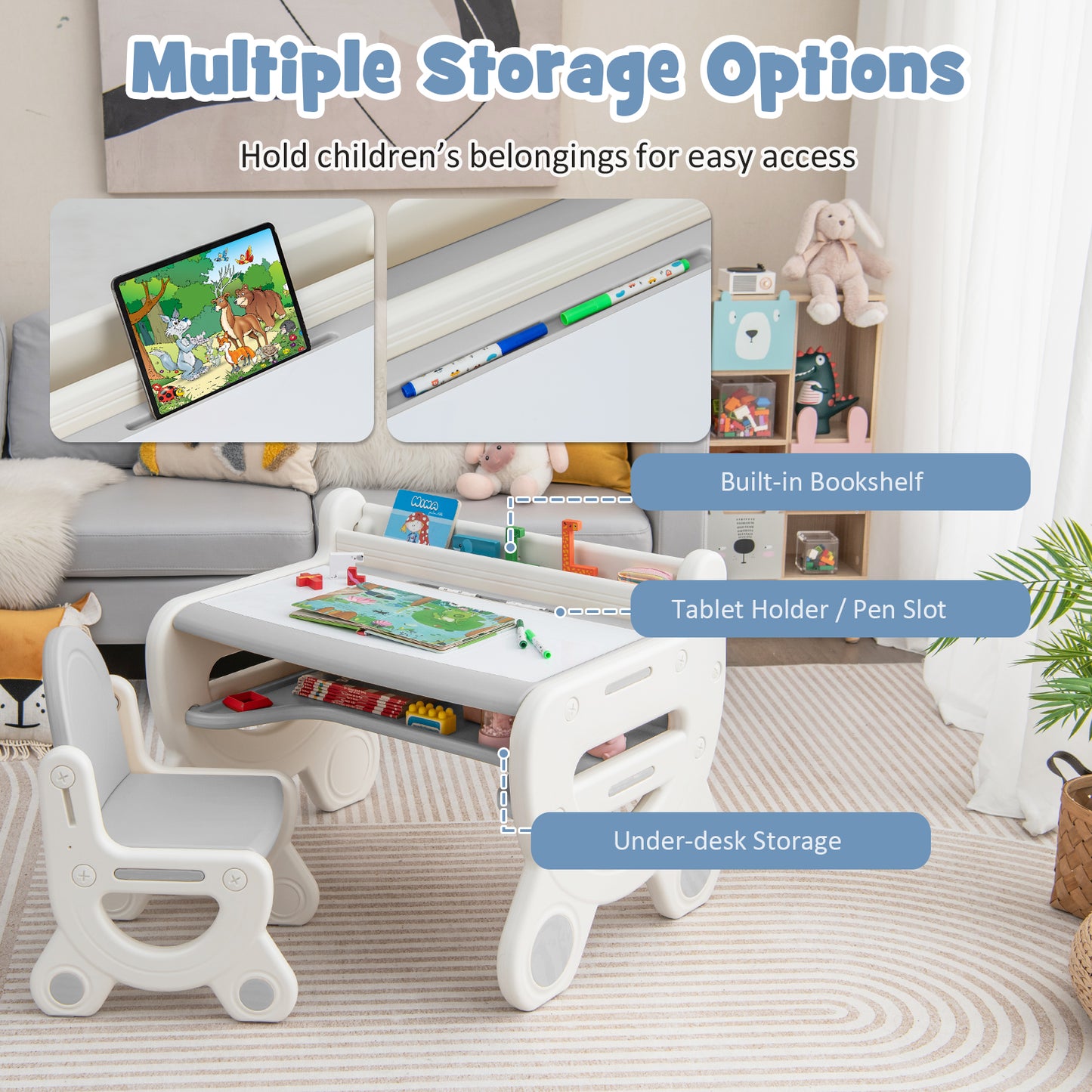 Kids Drawing Table and Chair Set with Watercolor Pens and Blackboard Eraser-Gray Kids Crystal