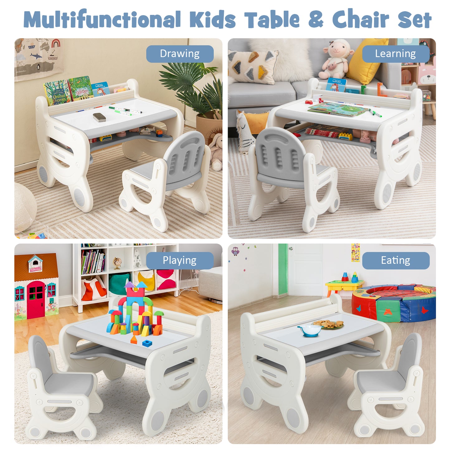 Kids Drawing Table and Chair Set with Watercolor Pens and Blackboard Eraser-Gray Kids Crystal