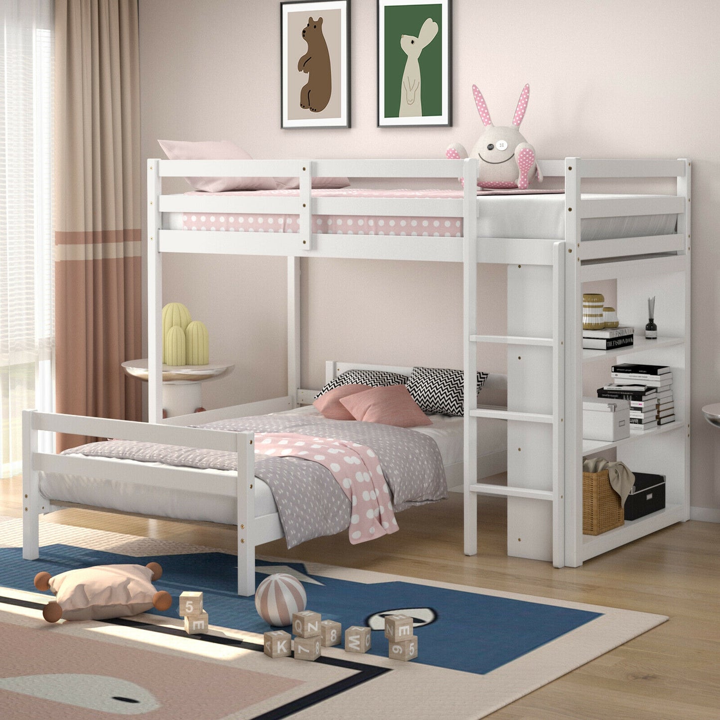 Twin Over Twin Loft Bunk Bed with Bookcase-White Kids Crystal