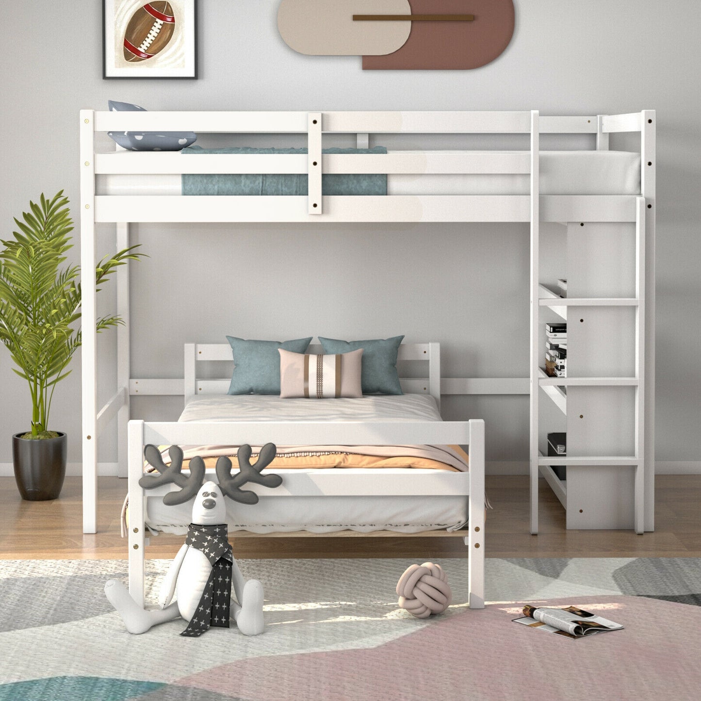 Twin Over Twin Loft Bunk Bed with Bookcase-White Kids Crystal
