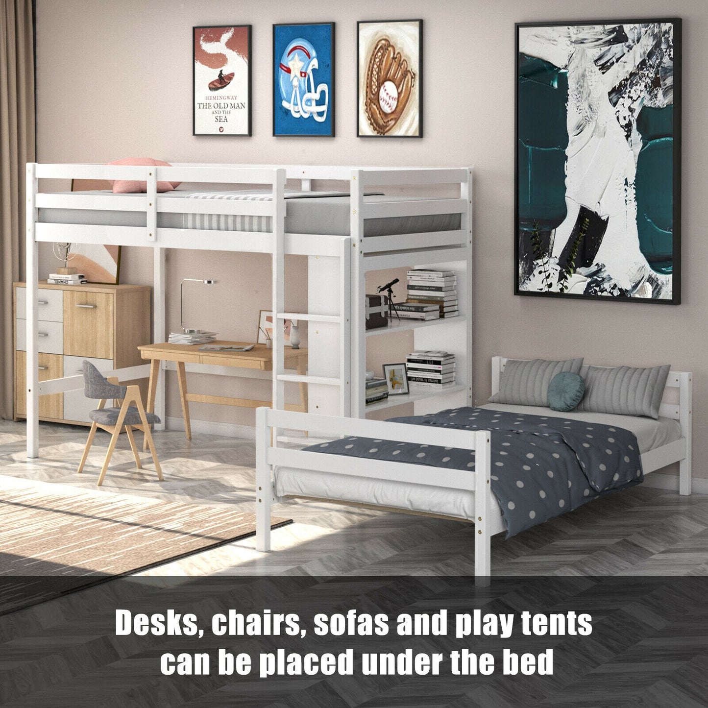 Twin Over Twin Loft Bunk Bed with Bookcase-White Kids Crystal