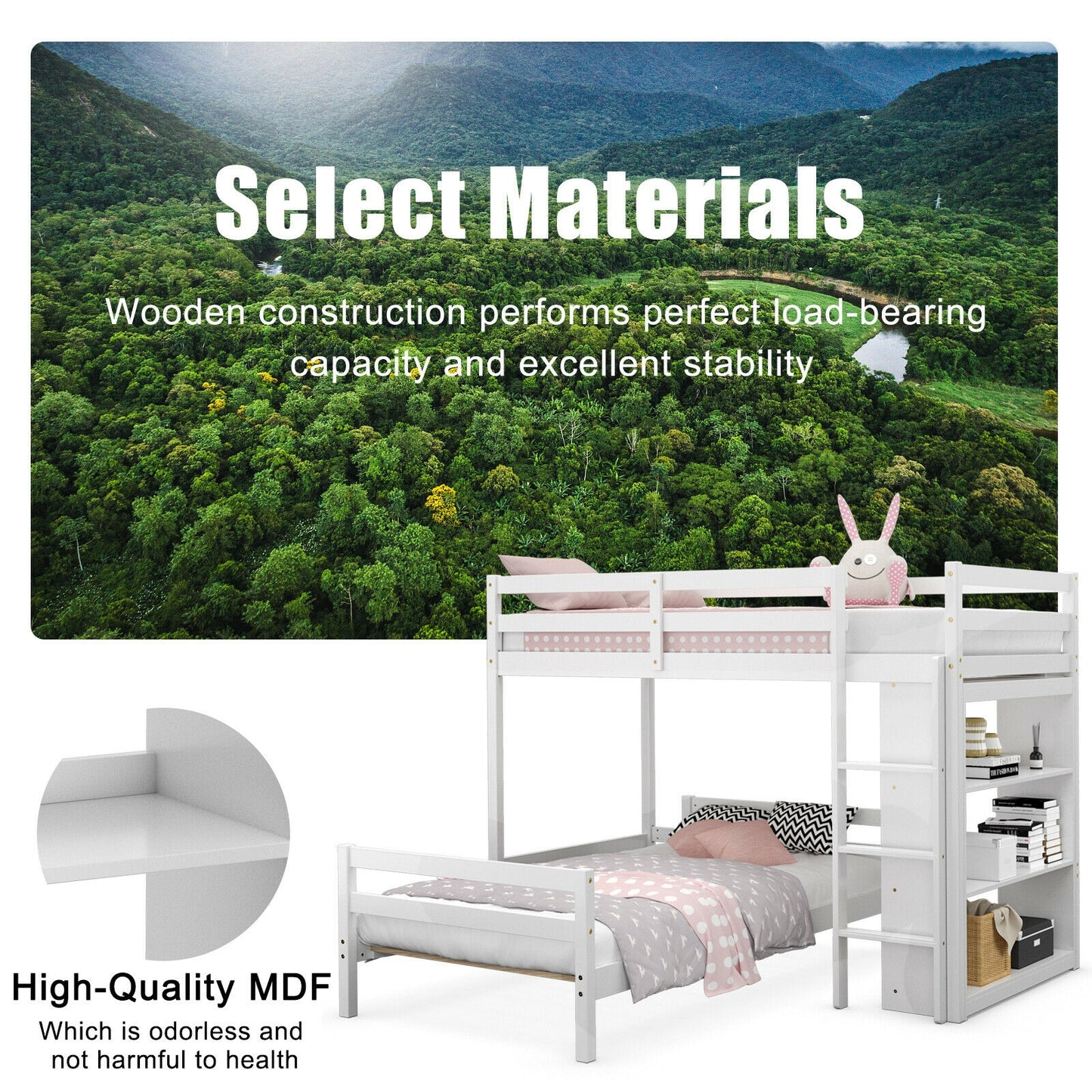 Twin Over Twin Loft Bunk Bed with Bookcase-White Kids Crystal