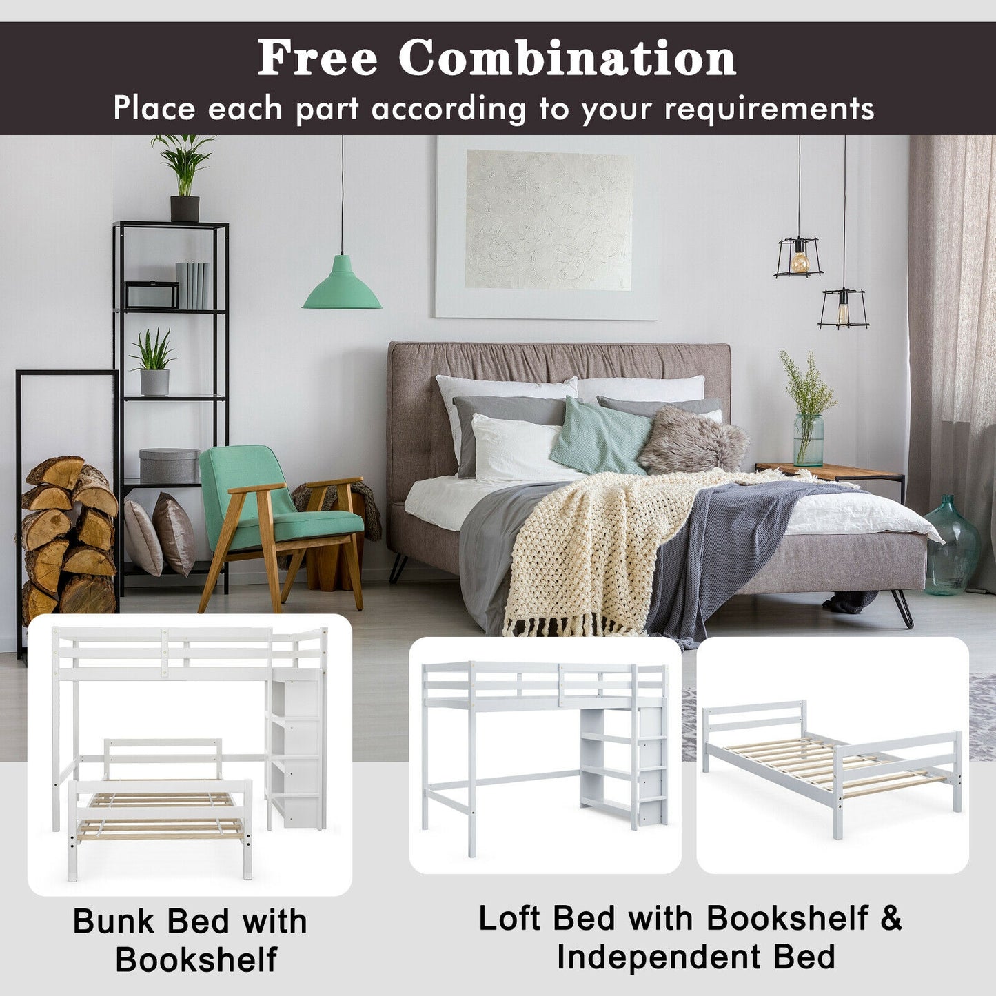 Twin Over Twin Loft Bunk Bed with Bookcase-White Kids Crystal