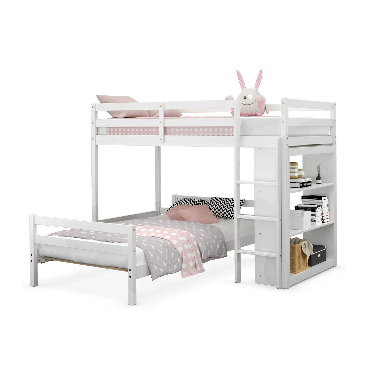 Twin Over Twin Loft Bunk Bed with Bookcase-White Kids Crystal