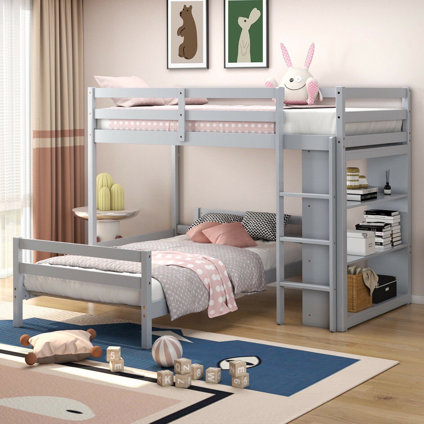 Twin Over Twin Loft Bunk Bed with Bookcase-Gray Kids Crystal