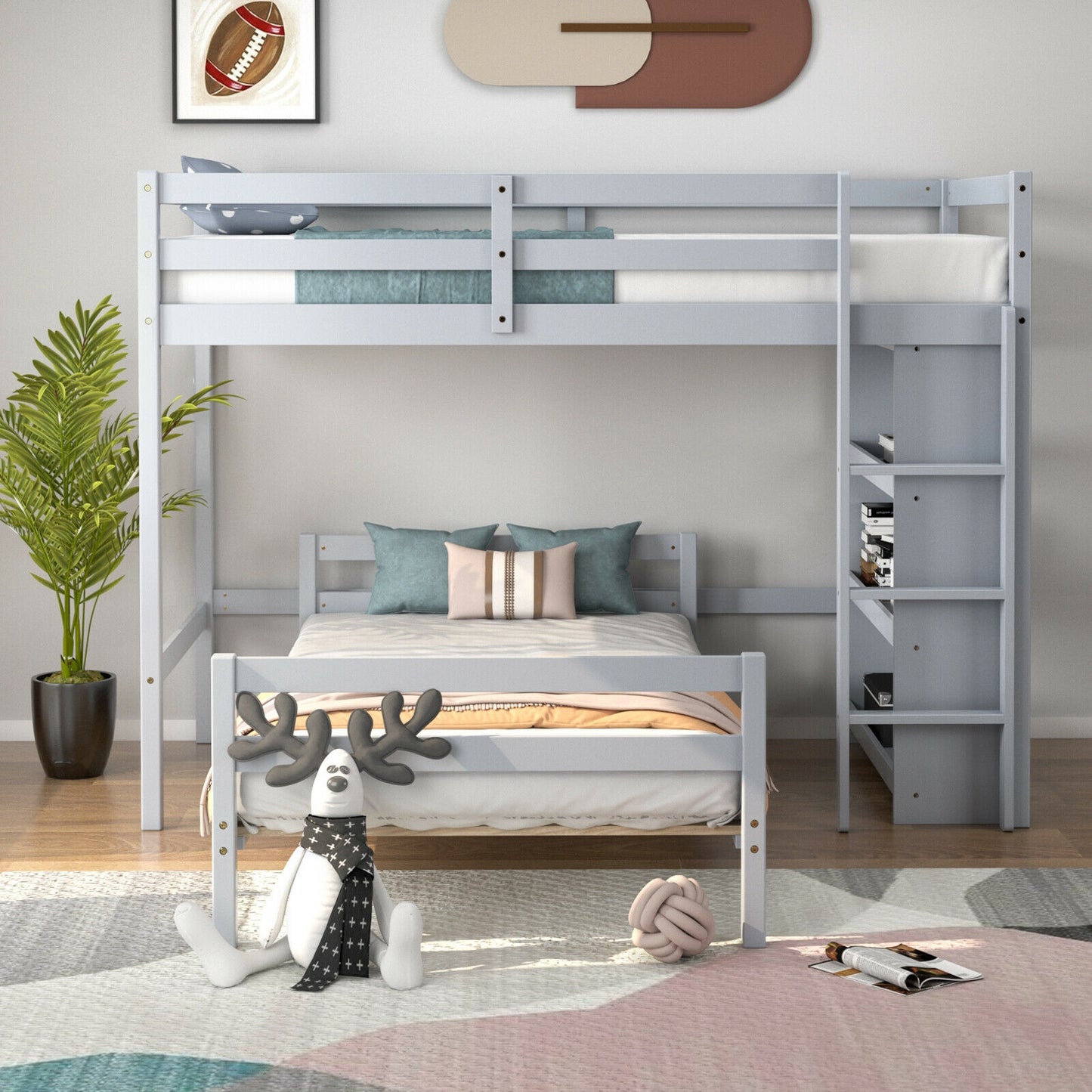 Twin Over Twin Loft Bunk Bed with Bookcase-Gray Kids Crystal