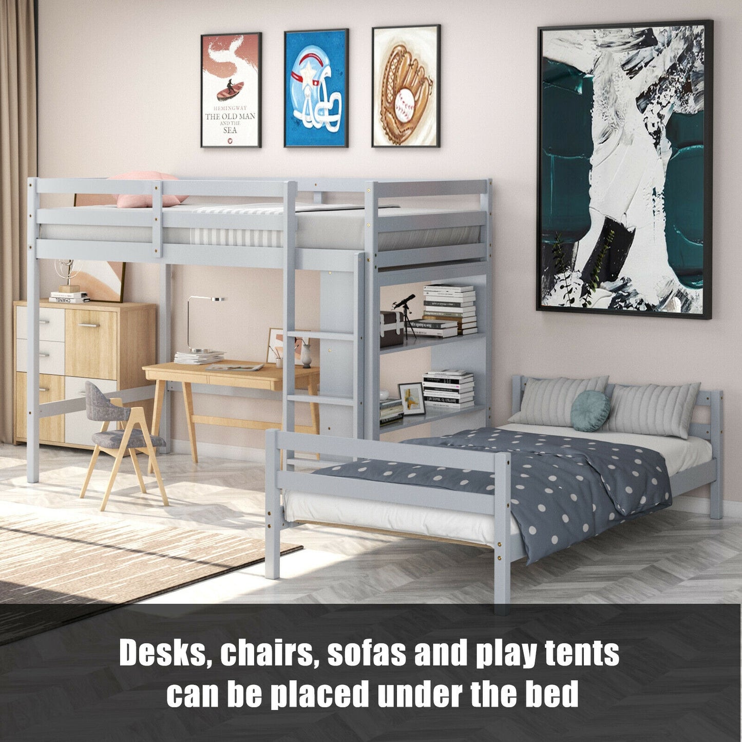 Twin Over Twin Loft Bunk Bed with Bookcase-Gray Kids Crystal