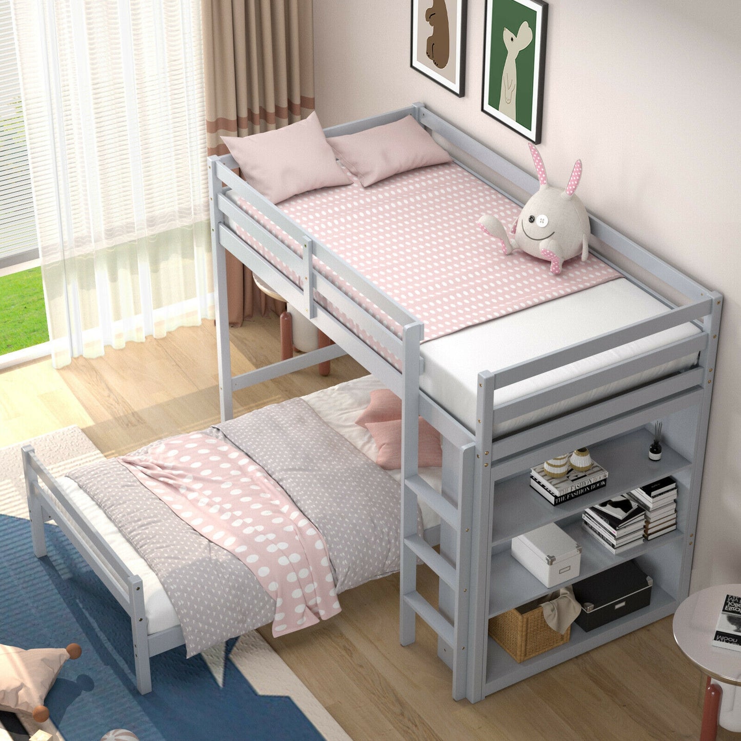 Twin Over Twin Loft Bunk Bed with Bookcase-Gray Kids Crystal