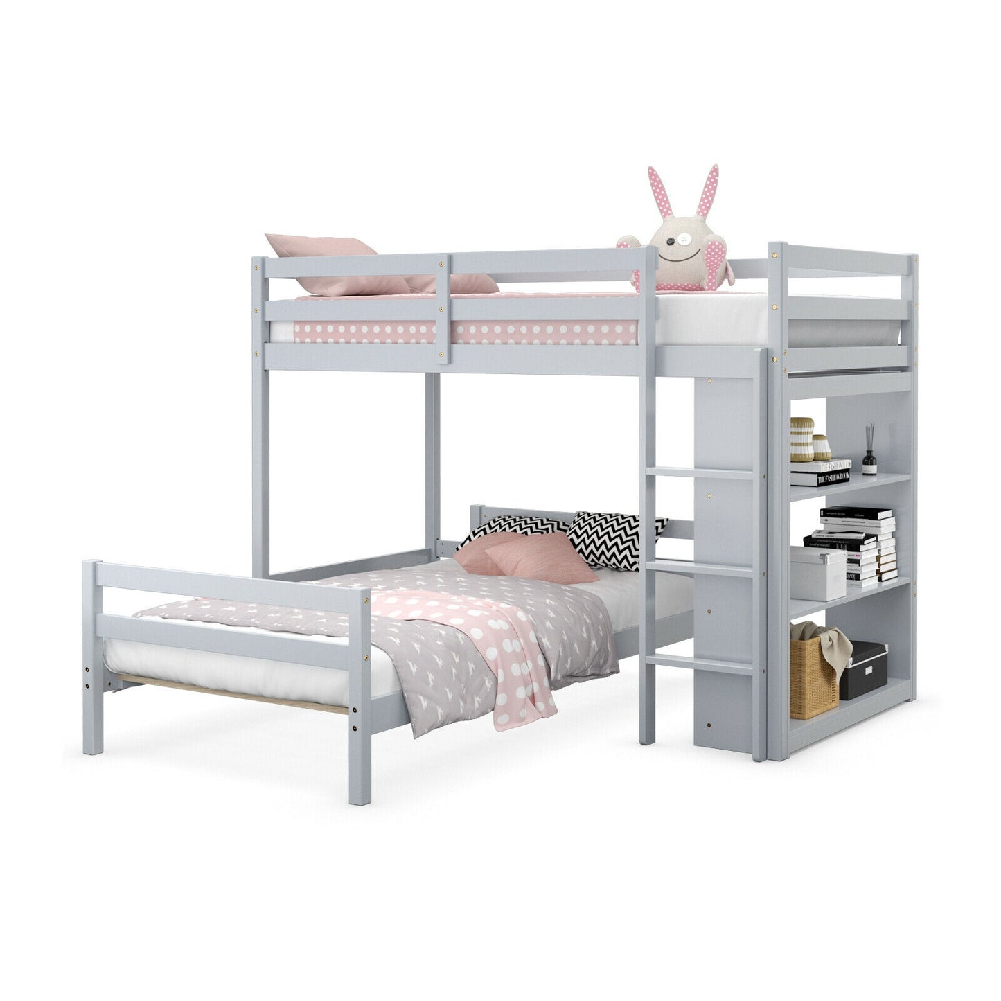 Twin Over Twin Loft Bunk Bed with Bookcase-Gray Kids Crystal