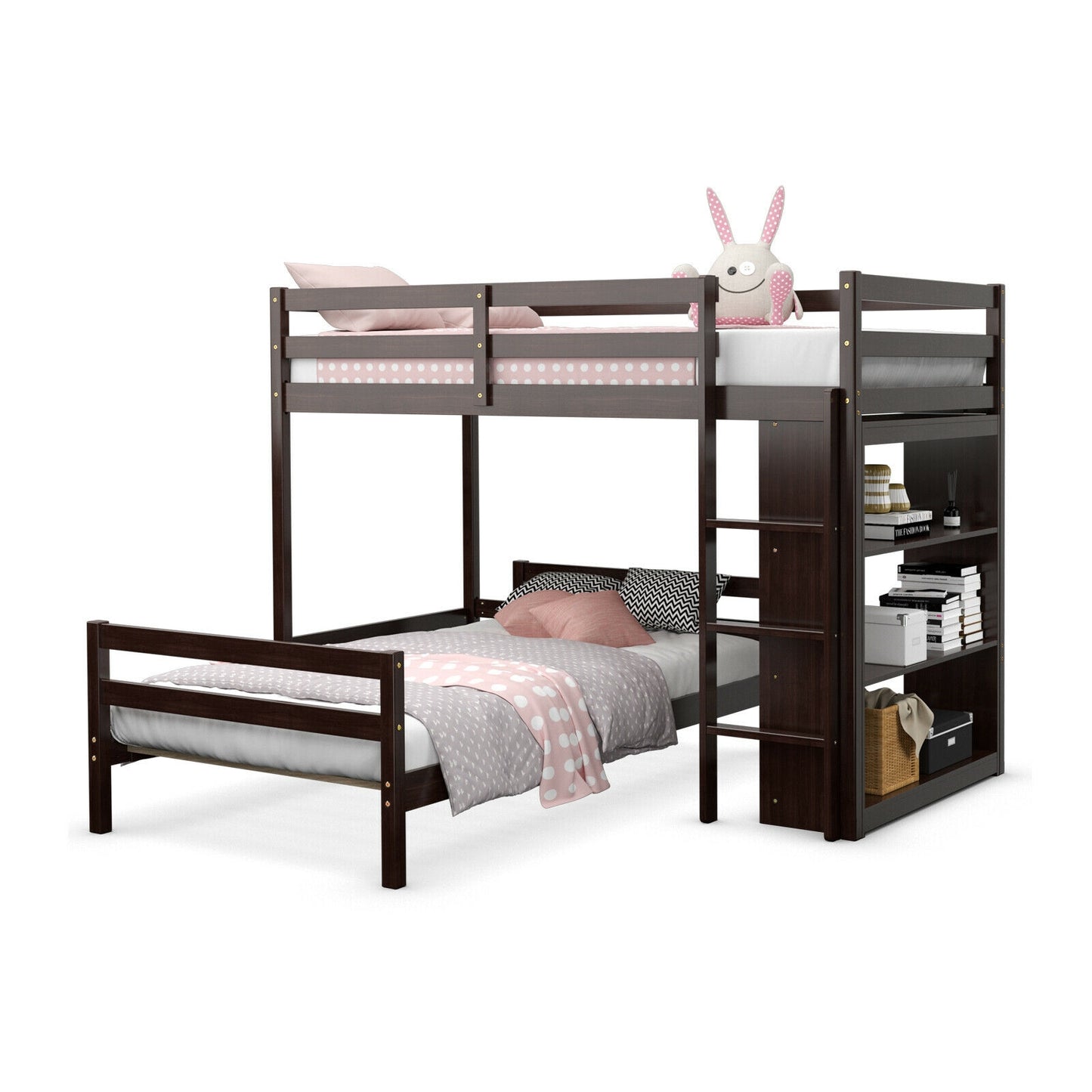 Twin Over Twin Loft Bunk Bed with Bookcase-Espresso Kids Crystal