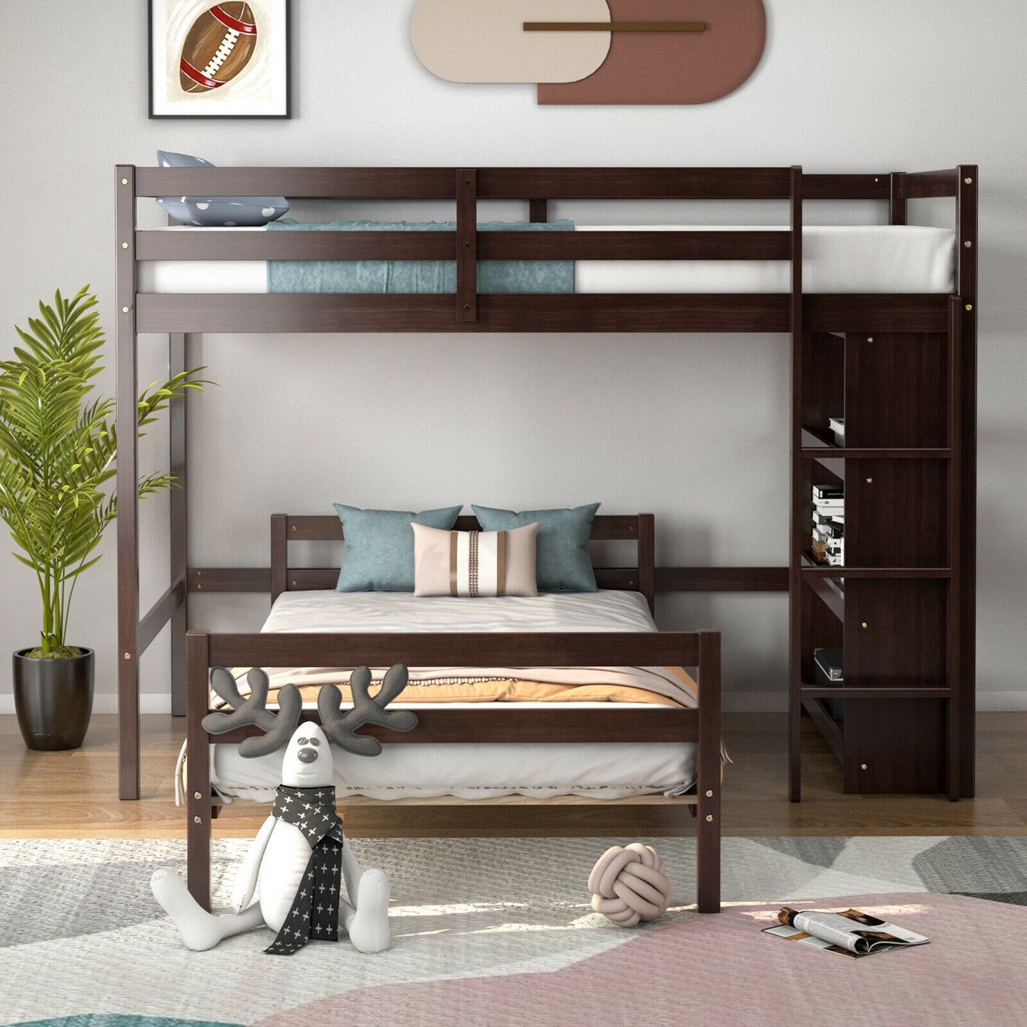Twin Over Twin Loft Bunk Bed with Bookcase-Espresso Kids Crystal