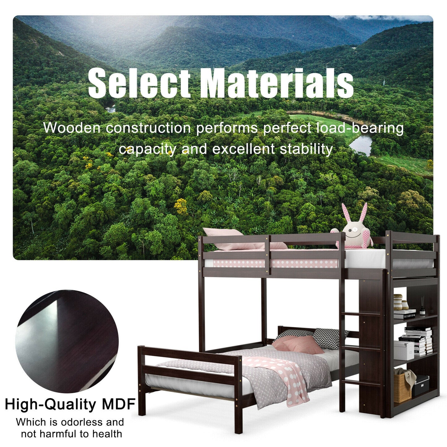 Twin Over Twin Loft Bunk Bed with Bookcase-Espresso Kids Crystal