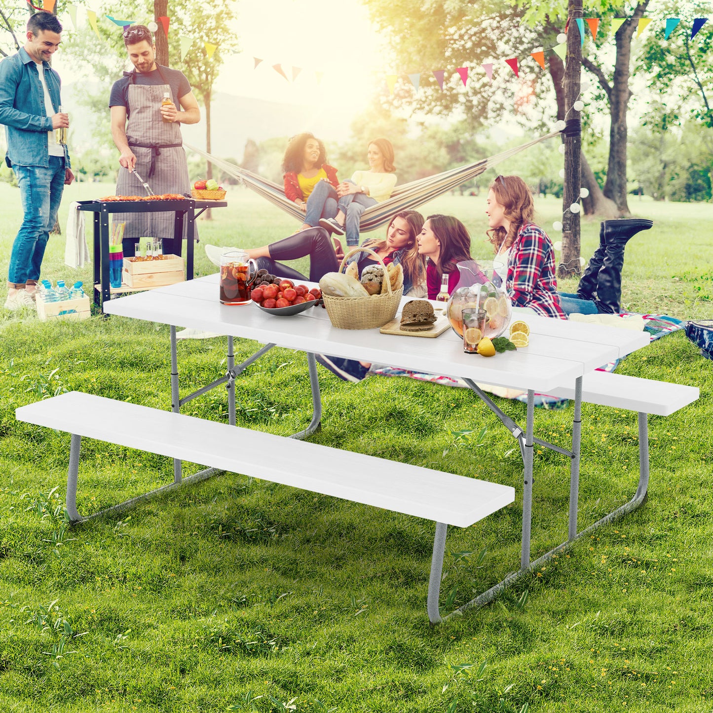 Folding Picnic Table Set with Metal Frame and All-Weather HDPE Tabletop Umbrella Hole-White Kids Crystal
