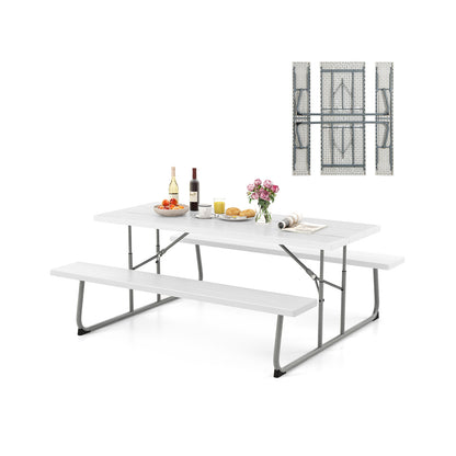 Folding Picnic Table Set with Metal Frame and All-Weather HDPE Tabletop Umbrella Hole-White