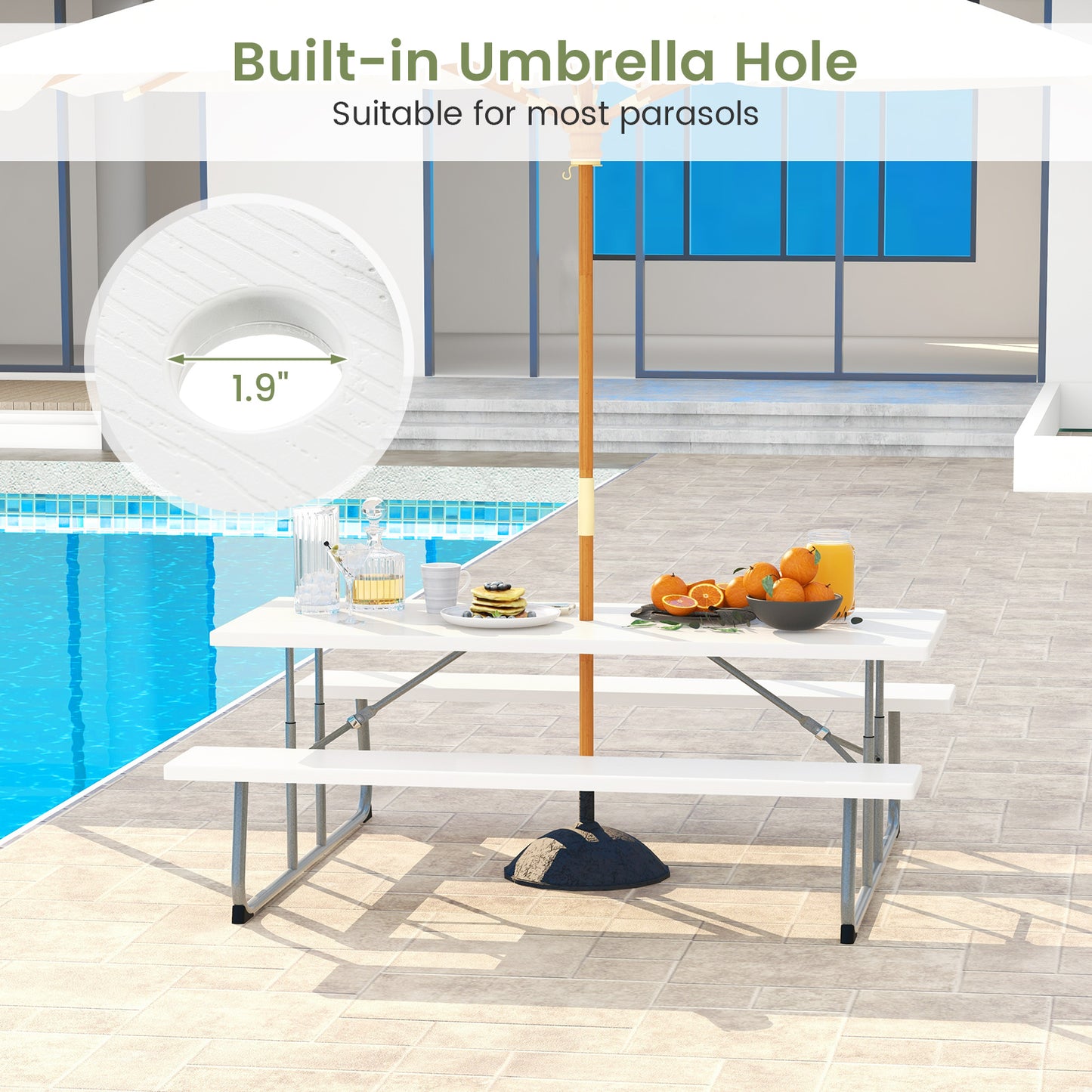 Folding Picnic Table Set with Metal Frame and All-Weather HDPE Tabletop Umbrella Hole-White Kids Crystal