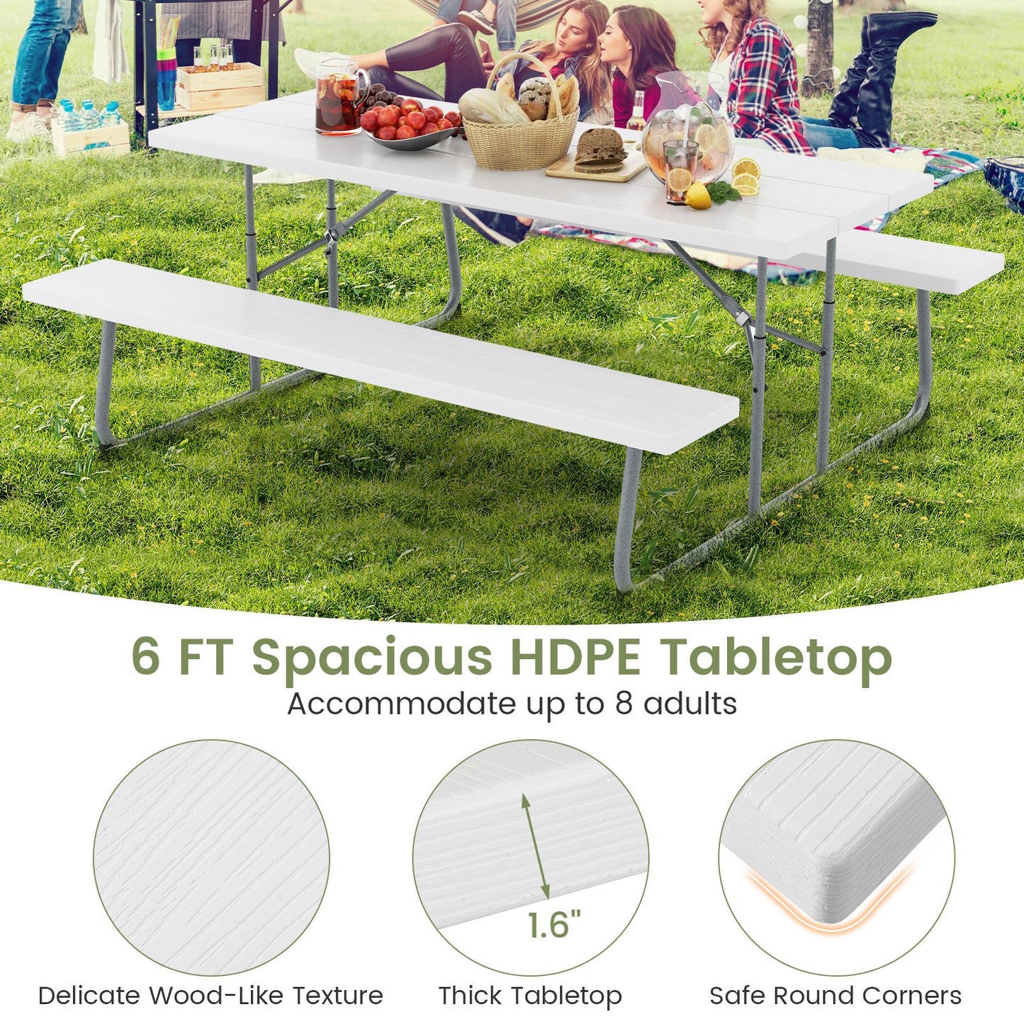 Folding Picnic Table Set with Metal Frame and All-Weather HDPE Tabletop Umbrella Hole-White Kids Crystal