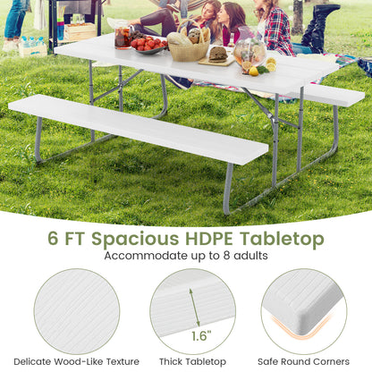 Folding Picnic Table Set with Metal Frame and All-Weather HDPE Tabletop Umbrella Hole-White