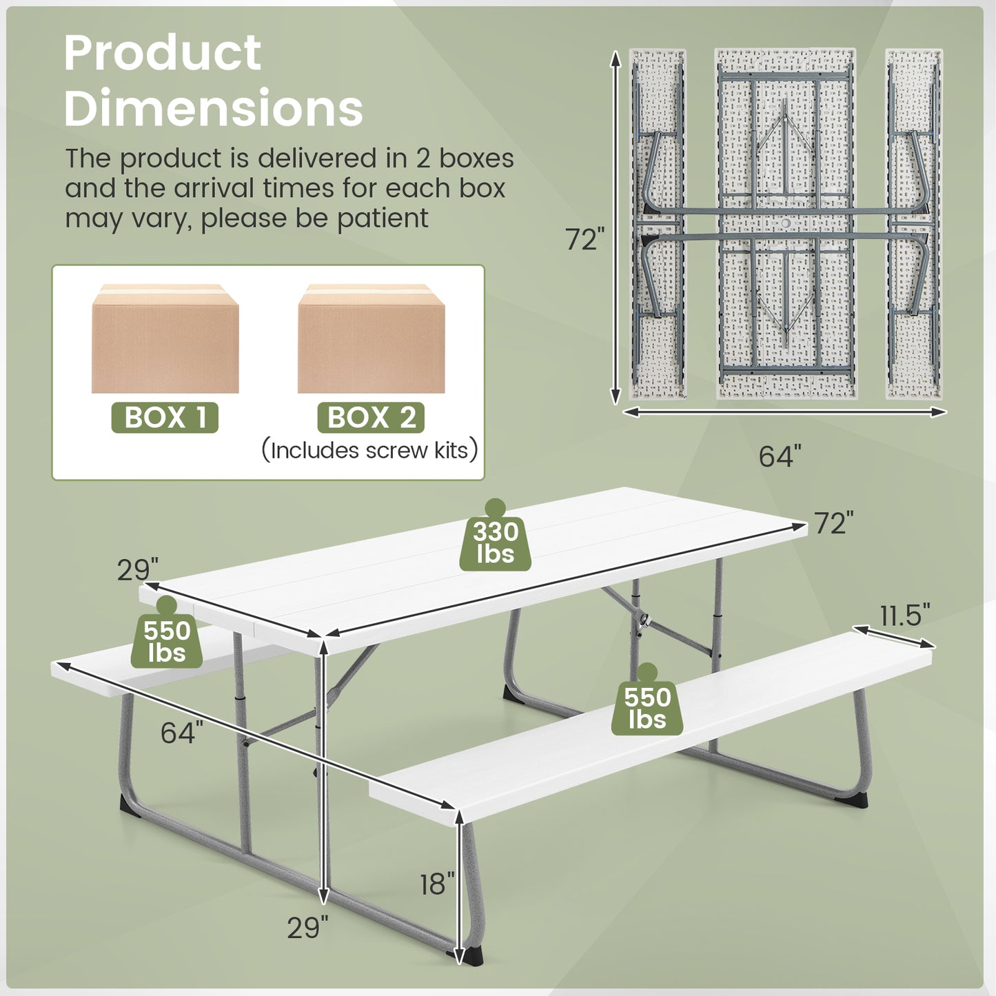 Folding Picnic Table Set with Metal Frame and All-Weather HDPE Tabletop Umbrella Hole-White Kids Crystal