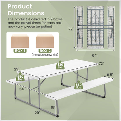 Folding Picnic Table Set with Metal Frame and All-Weather HDPE Tabletop Umbrella Hole-White