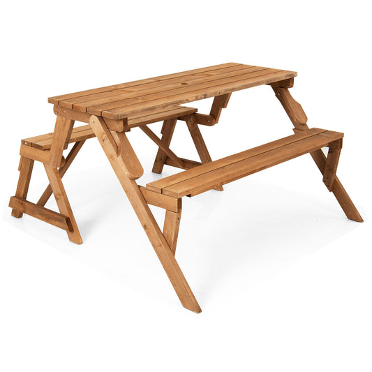 2-in-1 Transforming Interchangeable Wooden Picnic Table Bench with Umbrella Hole-Natural Kids Crystal