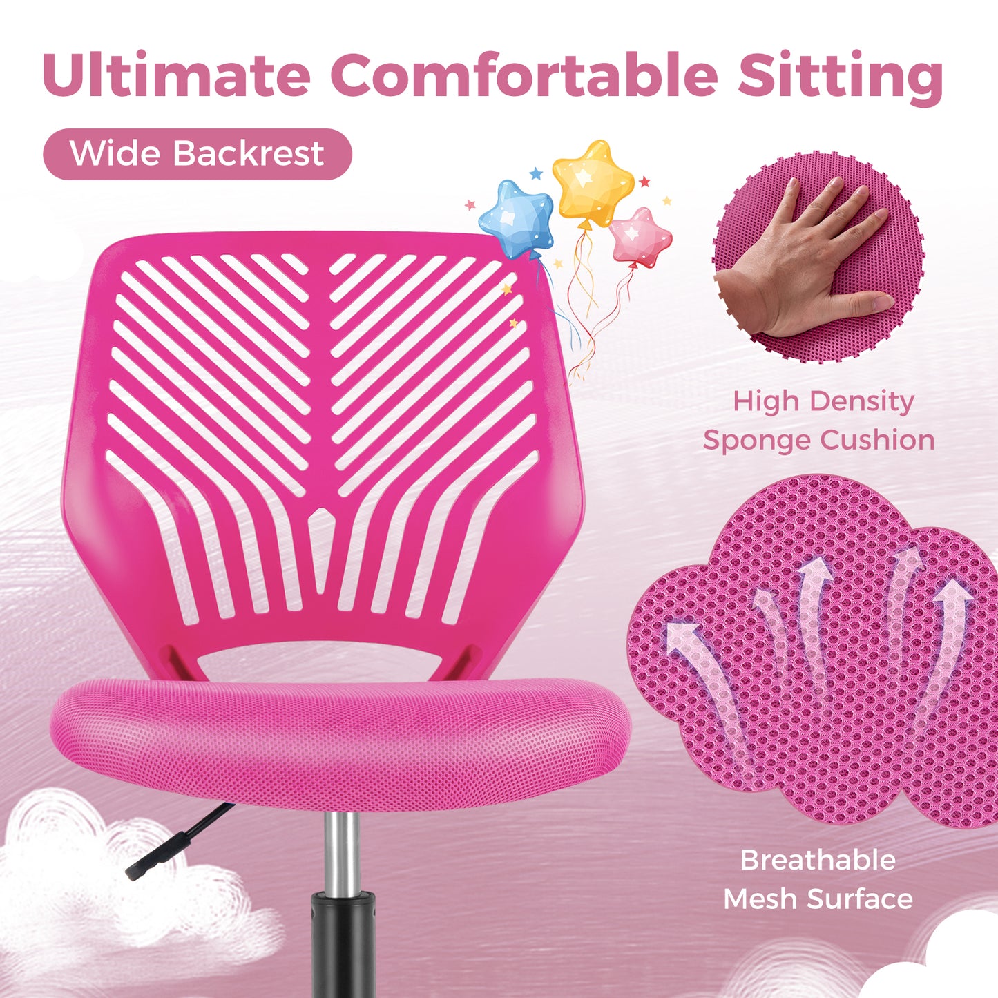 Height-adjustable Ergonomic Kids Desk Chair with Universal Casters-Pink Kids Crystal