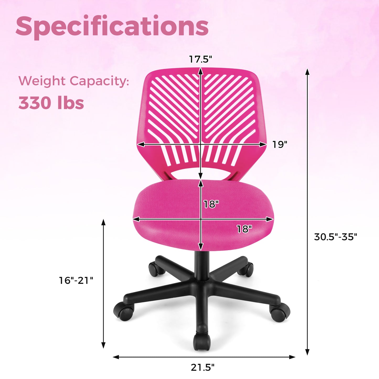 Height-adjustable Ergonomic Kids Desk Chair with Universal Casters-Pink Kids Crystal
