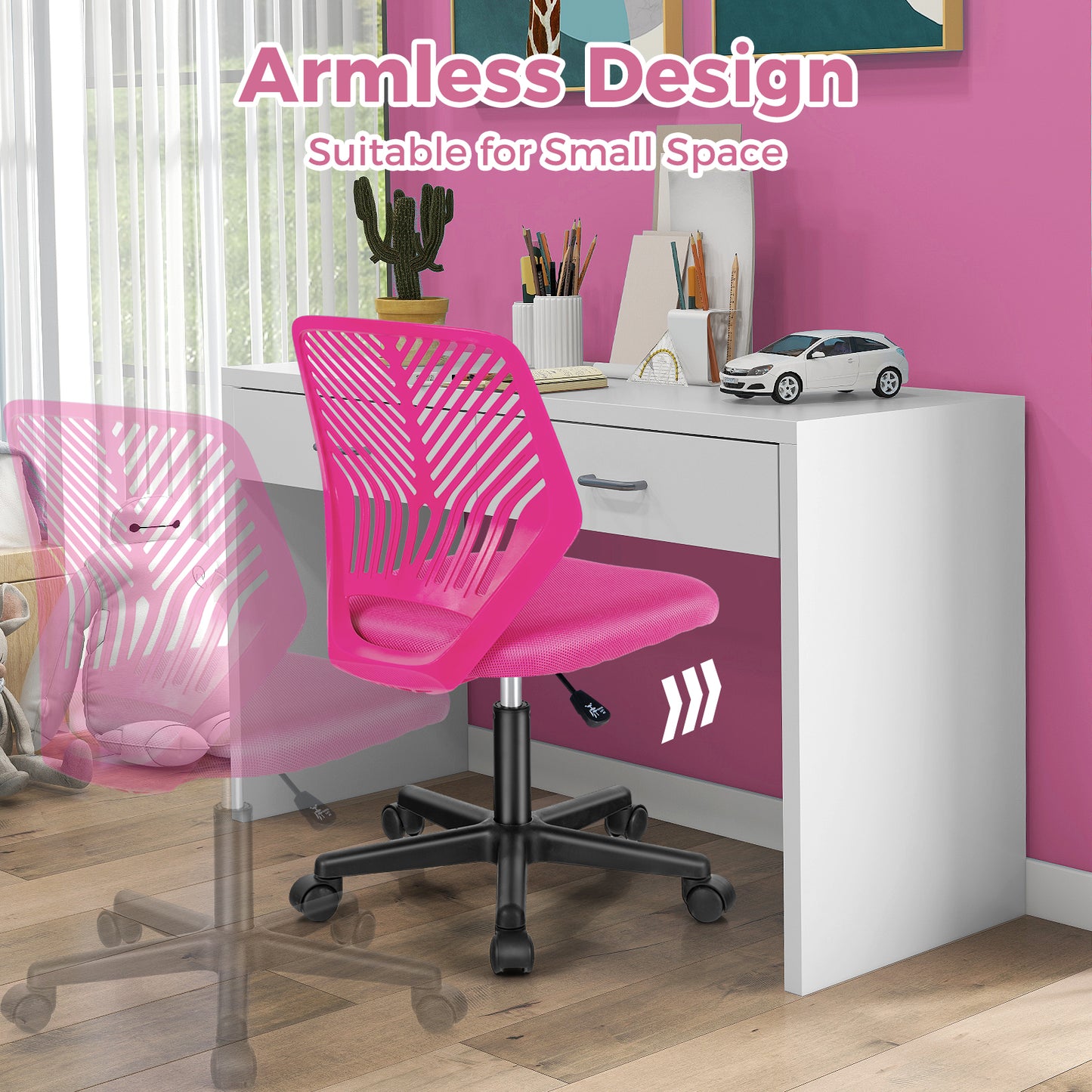 Height-adjustable Ergonomic Kids Desk Chair with Universal Casters-Pink Kids Crystal