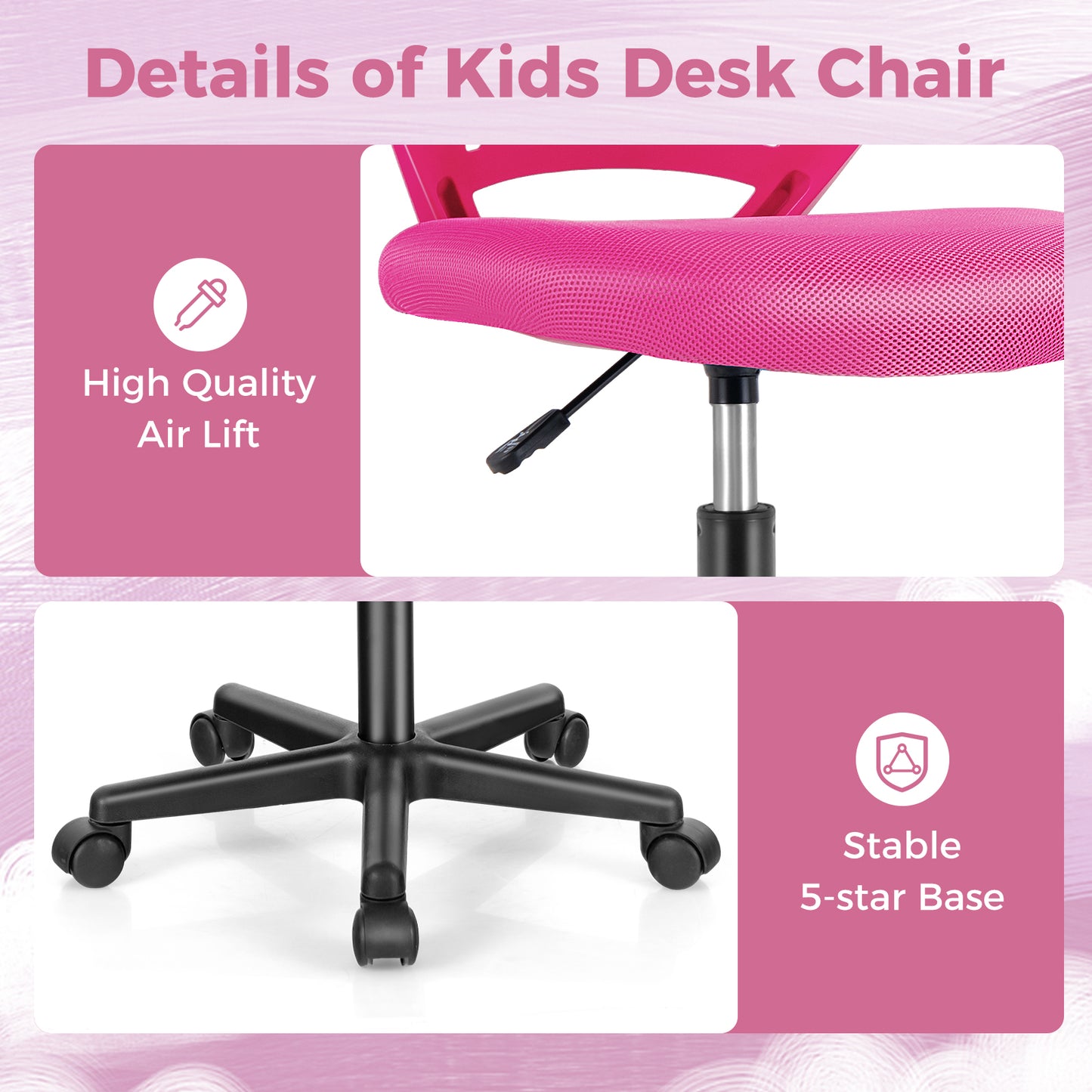 Height-adjustable Ergonomic Kids Desk Chair with Universal Casters-Pink Kids Crystal