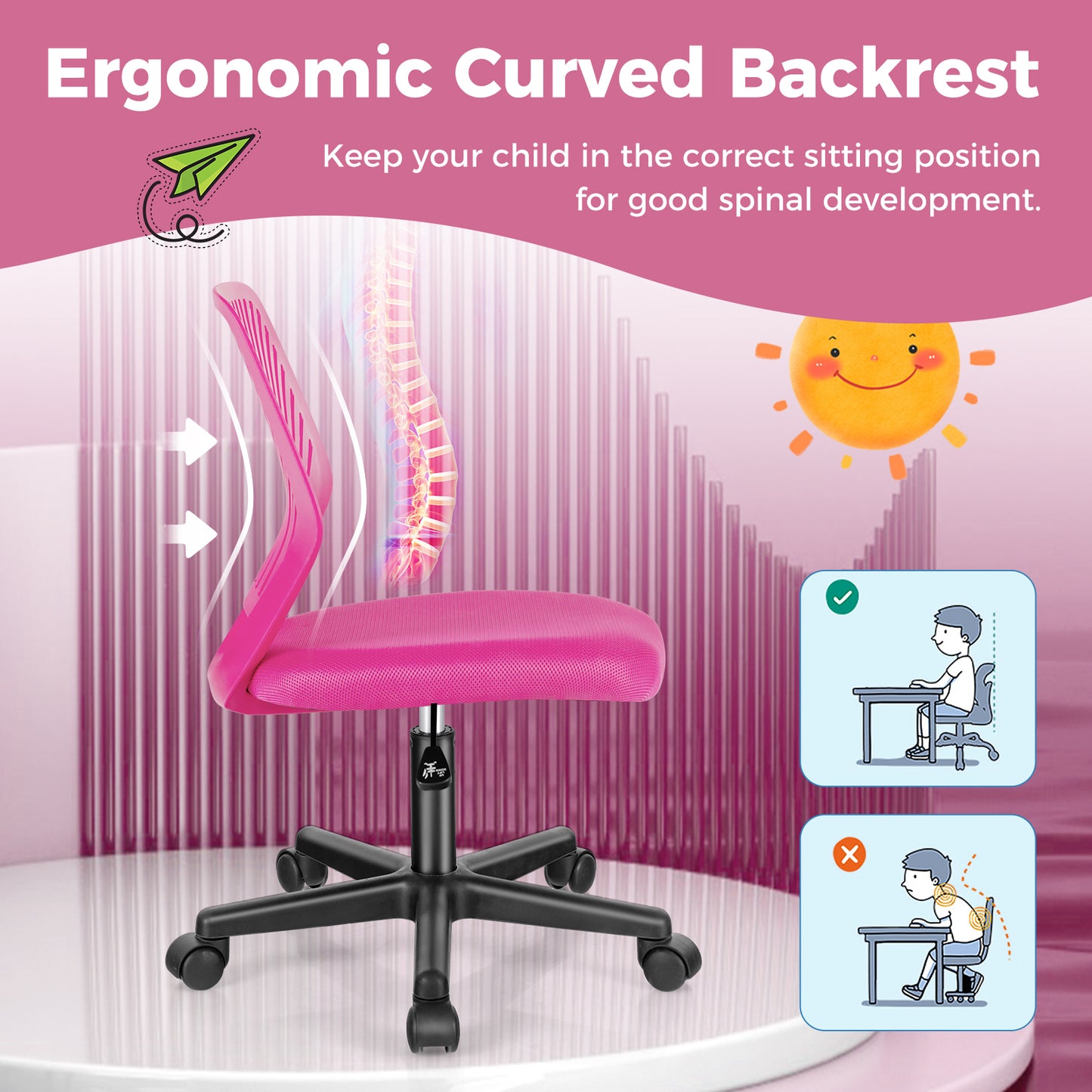 Height-adjustable Ergonomic Kids Desk Chair with Universal Casters-Pink Kids Crystal