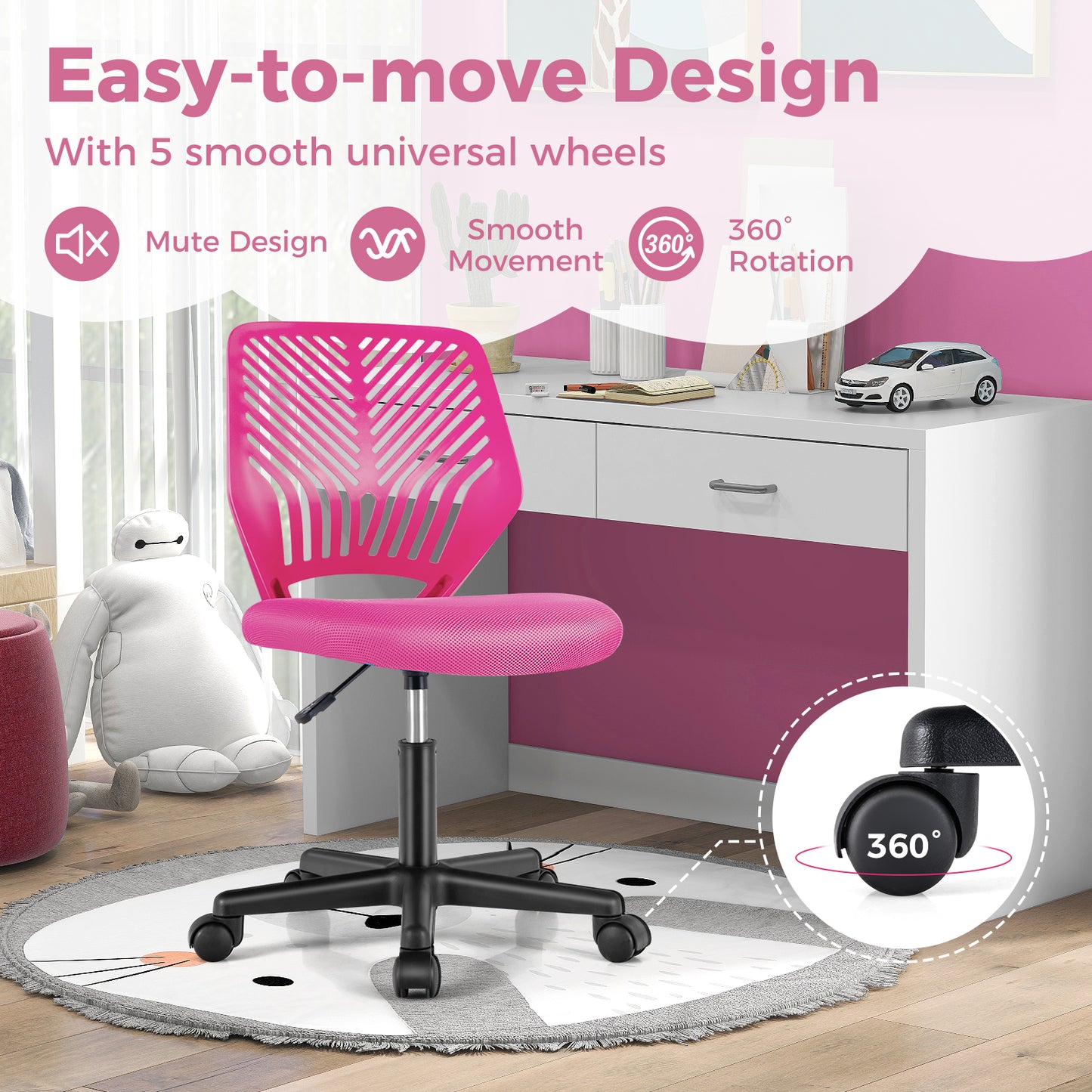 Height-adjustable Ergonomic Kids Desk Chair with Universal Casters-Pink Kids Crystal