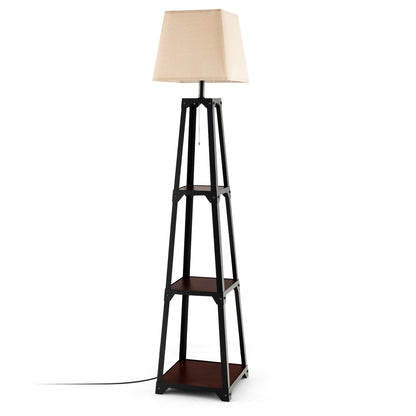 Trapezoidal Designed Floor Lamp with 3 Tiered Storage Shelf-Brown