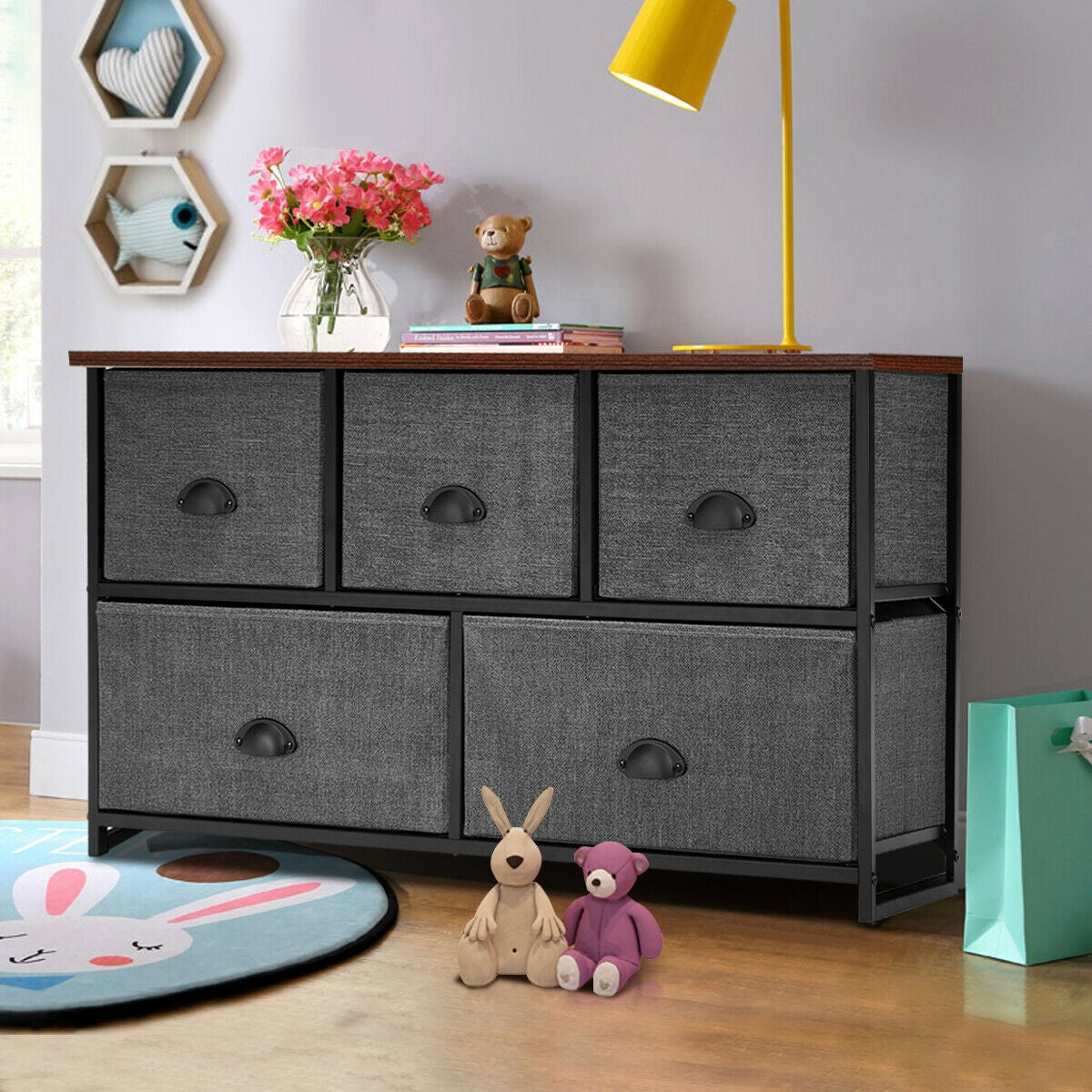 Wood Dresser Storage Unit Side Table Display Organizer-Gray Kids Crystal