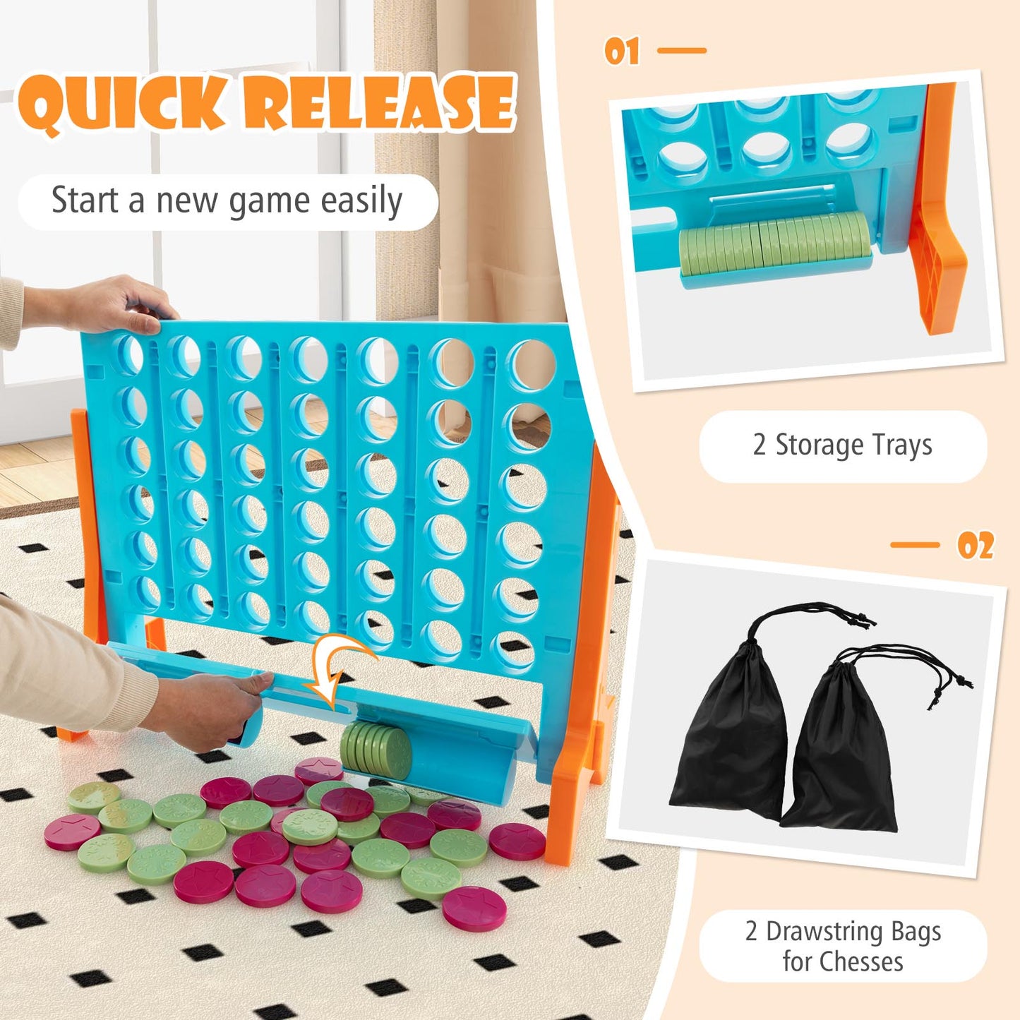 Jumbo 4-to-Score Connect Game Set with Carrying Bag and 42 Coins-Orange Kids Crystal