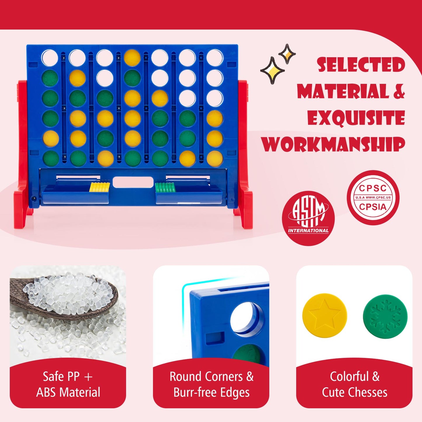 Jumbo 4-to-Score Connect Game Set with Carrying Bag and 42 Coins-Red Kids Crystal