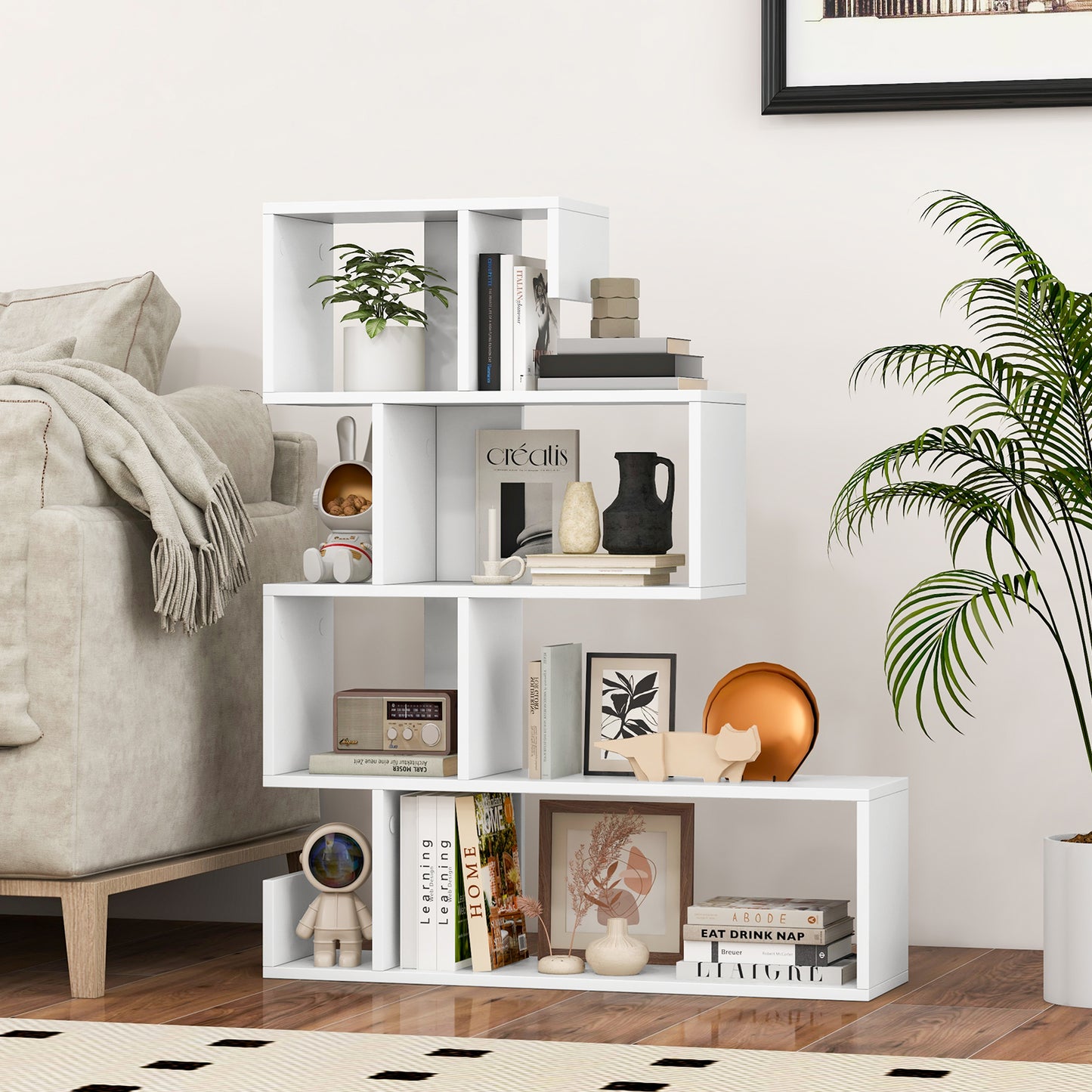 5-Tier S-Shaped Bookshelf Geometric Z-Shelf Bookcase with Open Cubes-White Kids Crystal